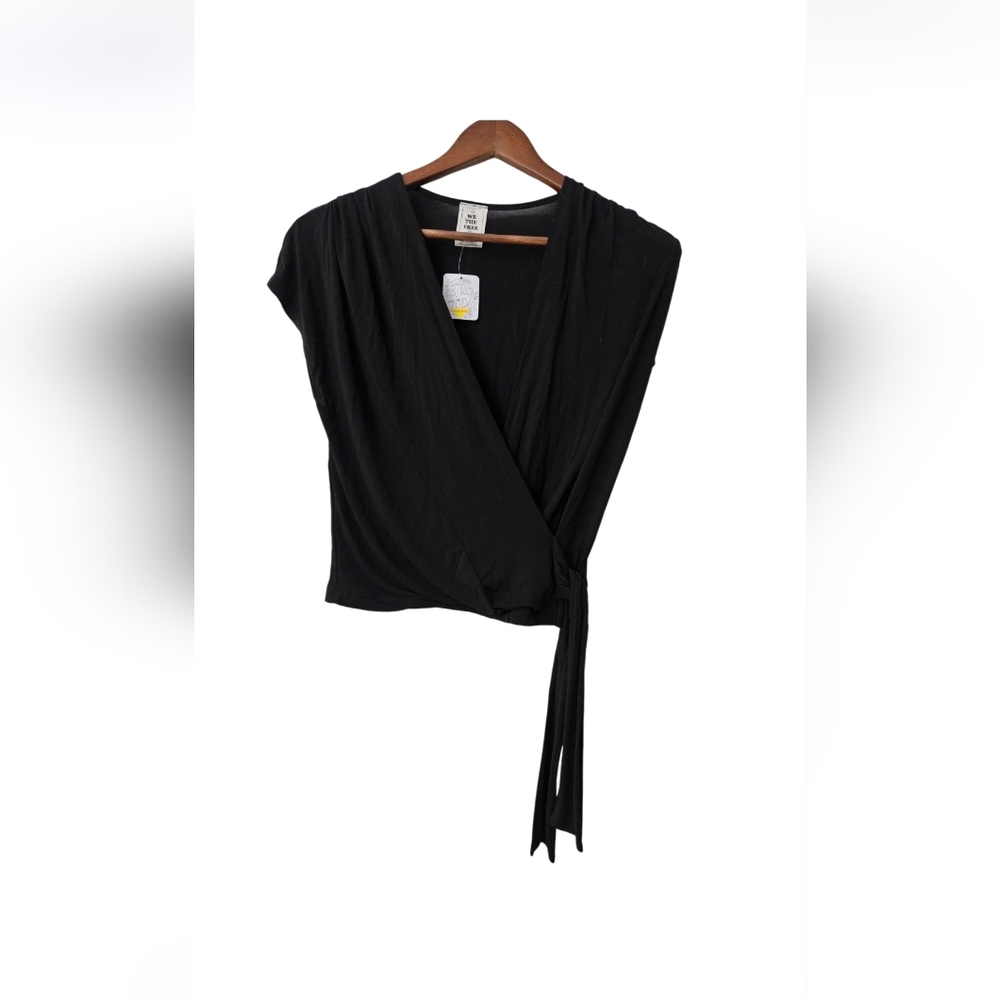 We the Free black v neck top with tie at bottom of shirt SZ M NWT